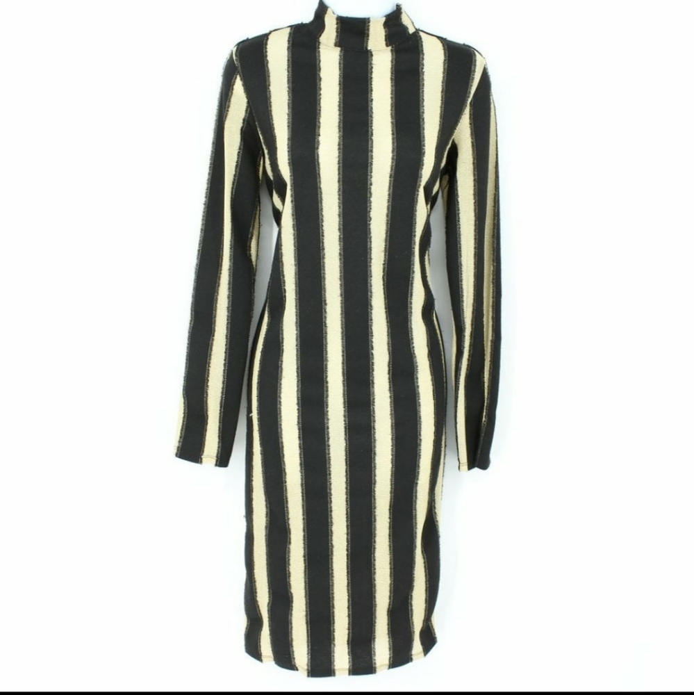 Zara Trafaluc Womens Dress Sheath Gold Black Vertical Stripe Stretch Knit Size M